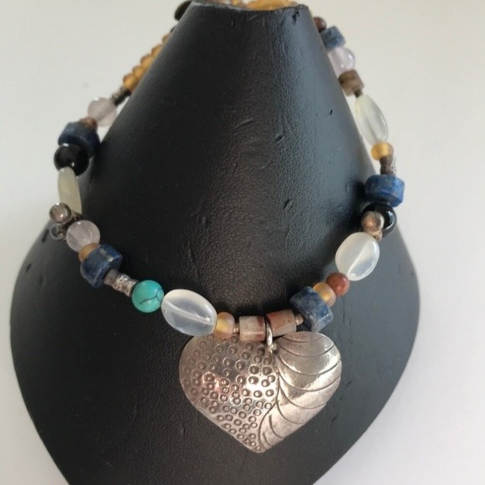 Vintage Handmade Sterling Silver Sunflower Heart Gemstone Bracelet Approx 8 in